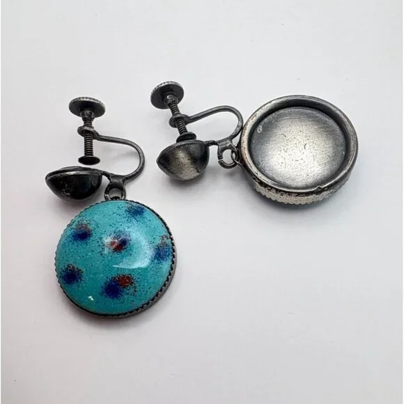 Faux Turquoise Polka Dot Enamel Earrings Silver Tone Clip On Retro Boho - Picture 4 of 6